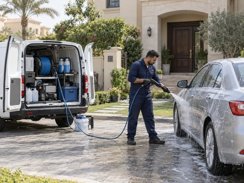 Illustrative mobile wash van and worker washing a car outside a home